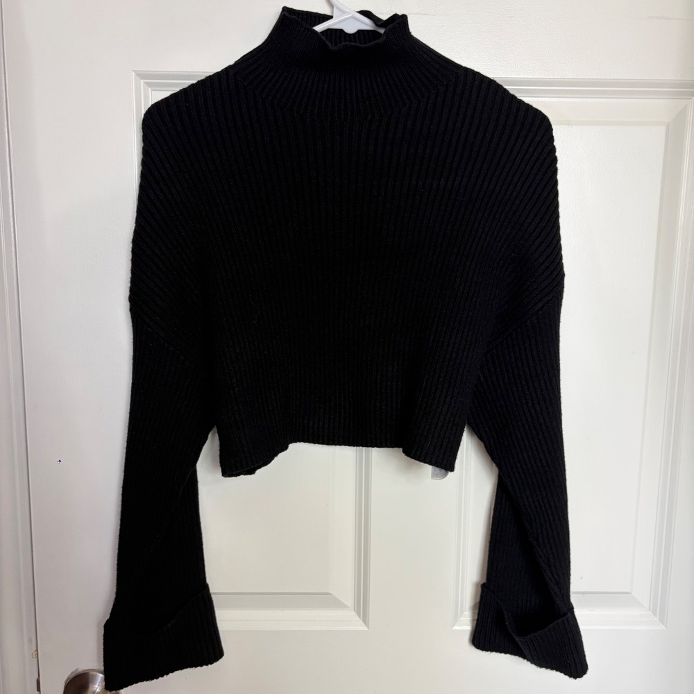 Zara Black Ribbed Mock Neck Cropped Sweater Long Sleeve Size S
